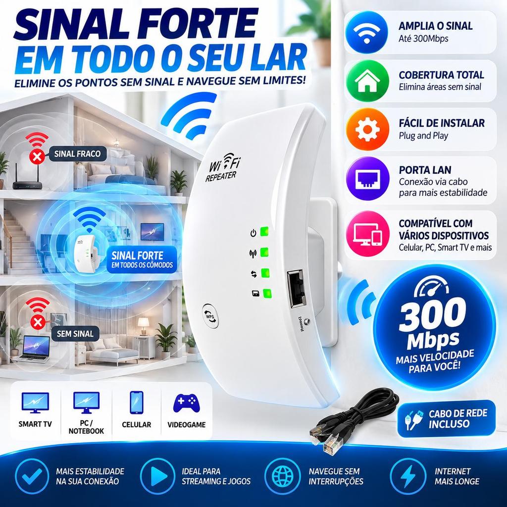 Repetidor WiFi 300Mbps AW-03 – Amplificador de Sinal Wireless 2.4G com Porta LAN