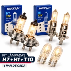 KIT 6 LÂMPADAS HALÓGENAS AMARELAS PADRÃO ORIGINAL H7 H1 E T10 12V SHOCKLIGHT FAROL DUPLO FOCO