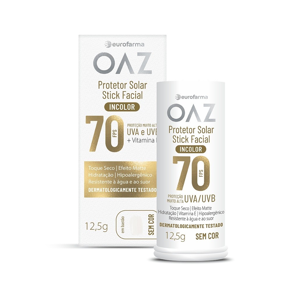 Eurofarma OAZ Protetor Solar Stick Facial FPS70 Toque Seco Incolor 12,5G