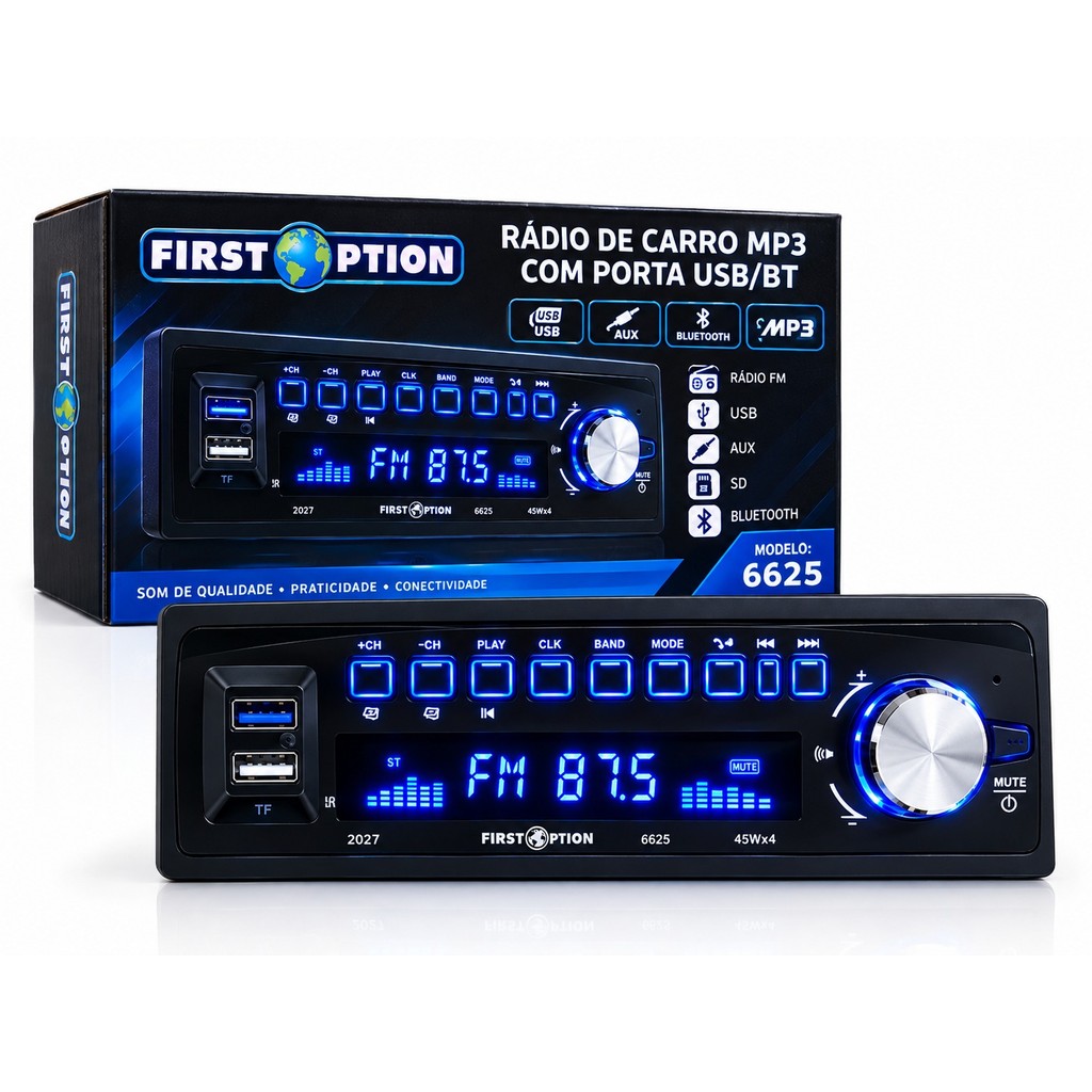 Rádio Mp3 Automotivo Com Controle Player Bluetooth Usb Universal 1 Din 45W