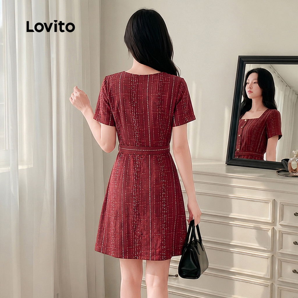 Lovito Elegante Vestido de Renda Feminino Vermelho para Primavera Verão Bordado LK2ED156