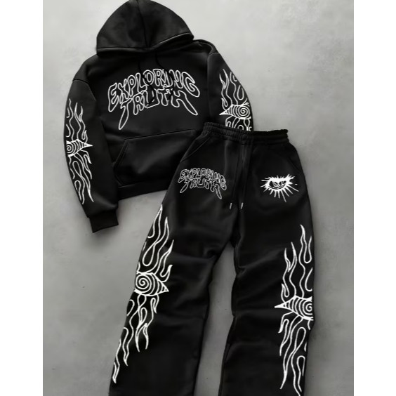 Conjunto De Moletom Canguru E Calça Estilo Streetwear Gótico Estampa Gráfica De Anjo- Confortável Flanelado Envio Rápido