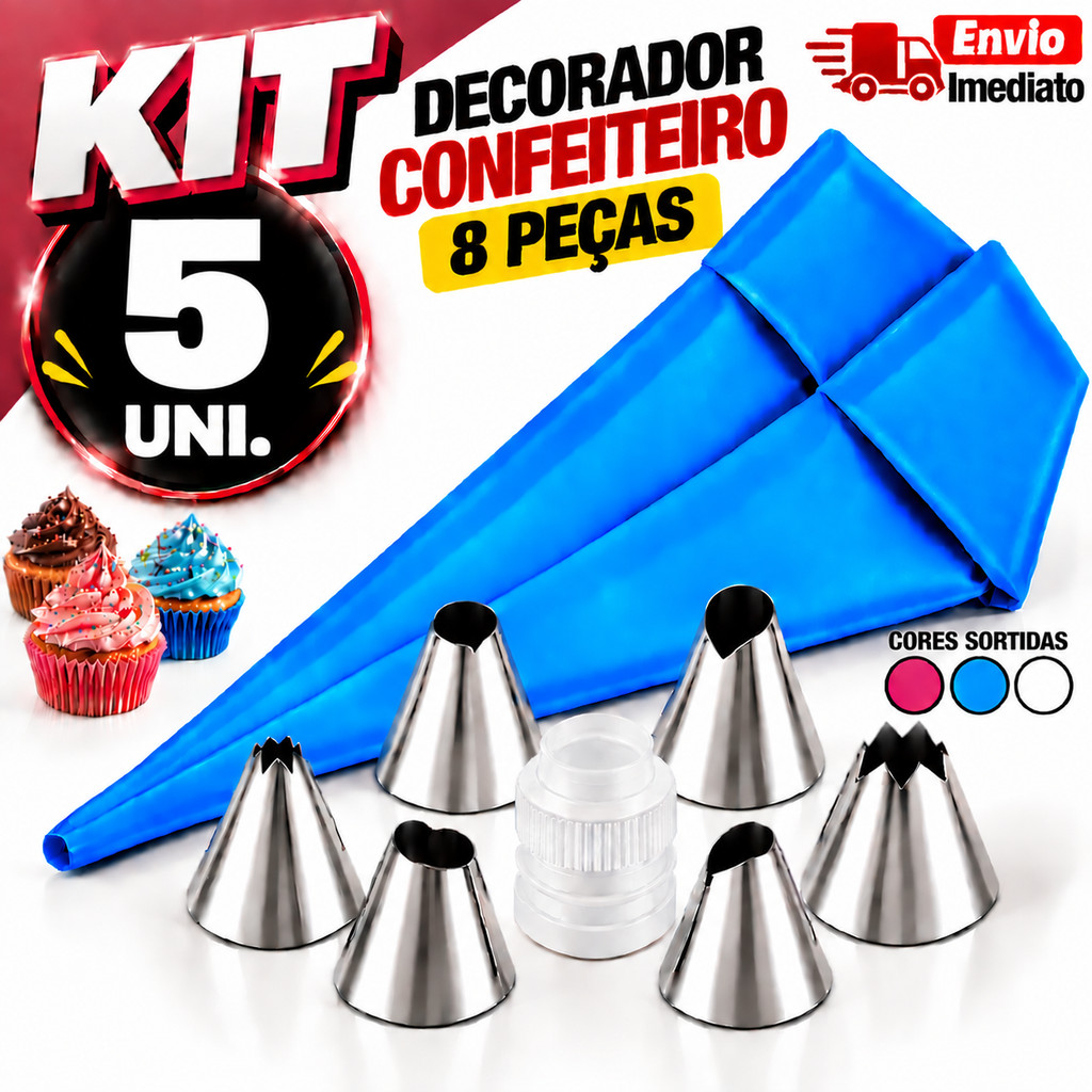 Kit Confeitaria 8 Peças Saco de Confeitar com Bicos Inox para Decoração de Bolos e Doces