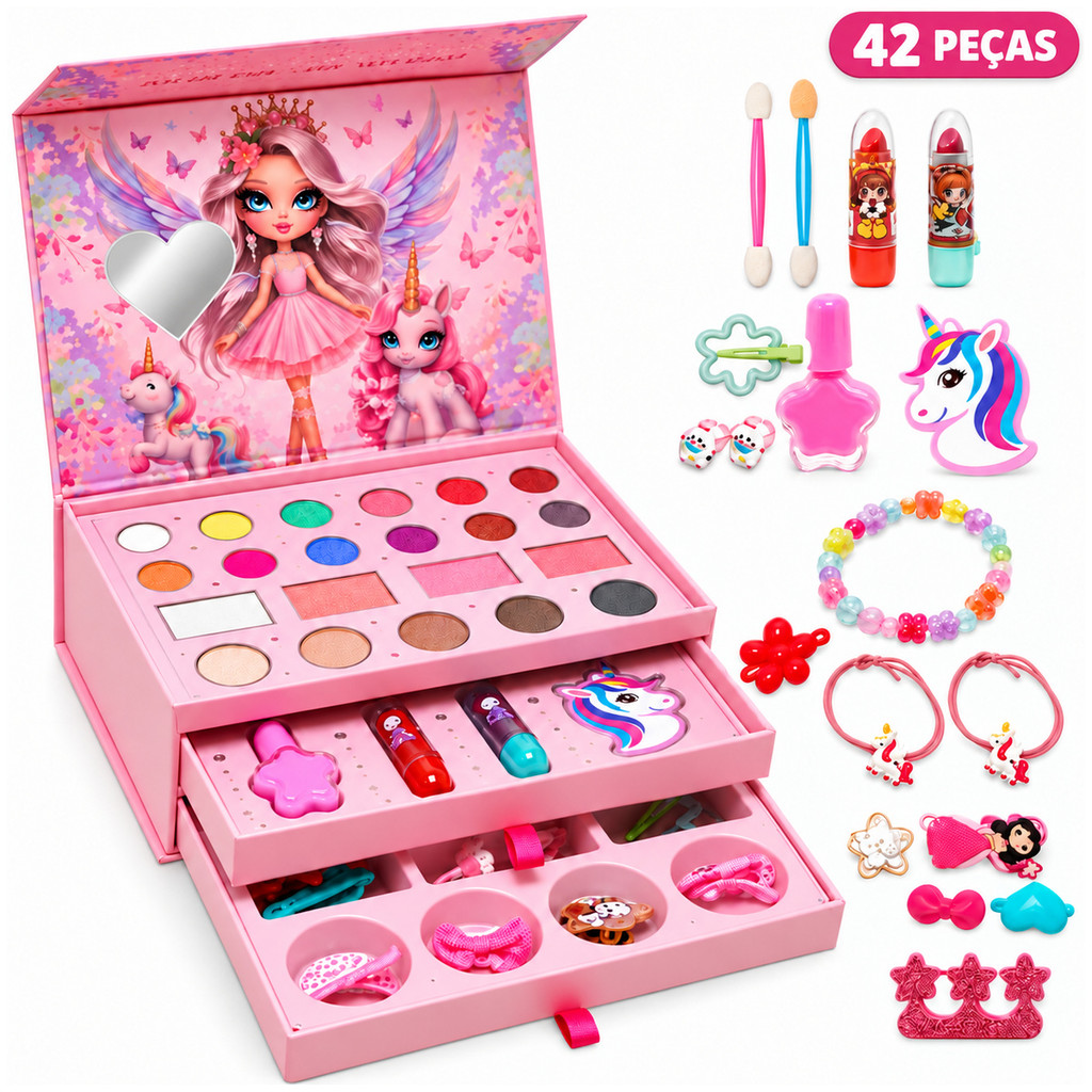 Kit Maquiagem Infantil Maleta 3 Gavetas 42 Peças Sombras Batom Blush Esmalte Pincéis Espelho Menina Kizumba