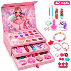 Kit Maquiagem Infantil Maleta 3 Gavetas 42 Peças Sombras Batom Blush Esmalte Pincéis Espelho Menina Kizumba