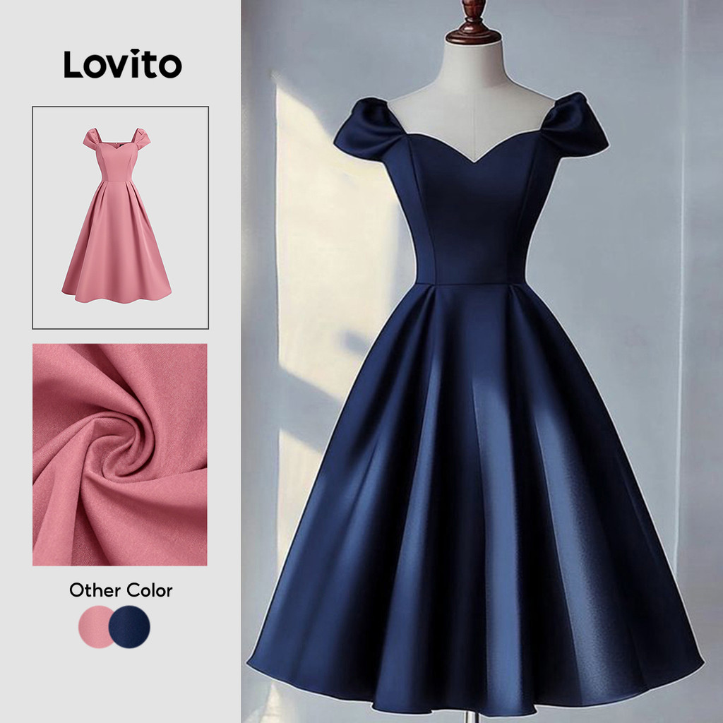 Lovito Elegante Vestido com Pregas Primavera/verão Vestido Azul Marinho para Mulheres L143ED089
