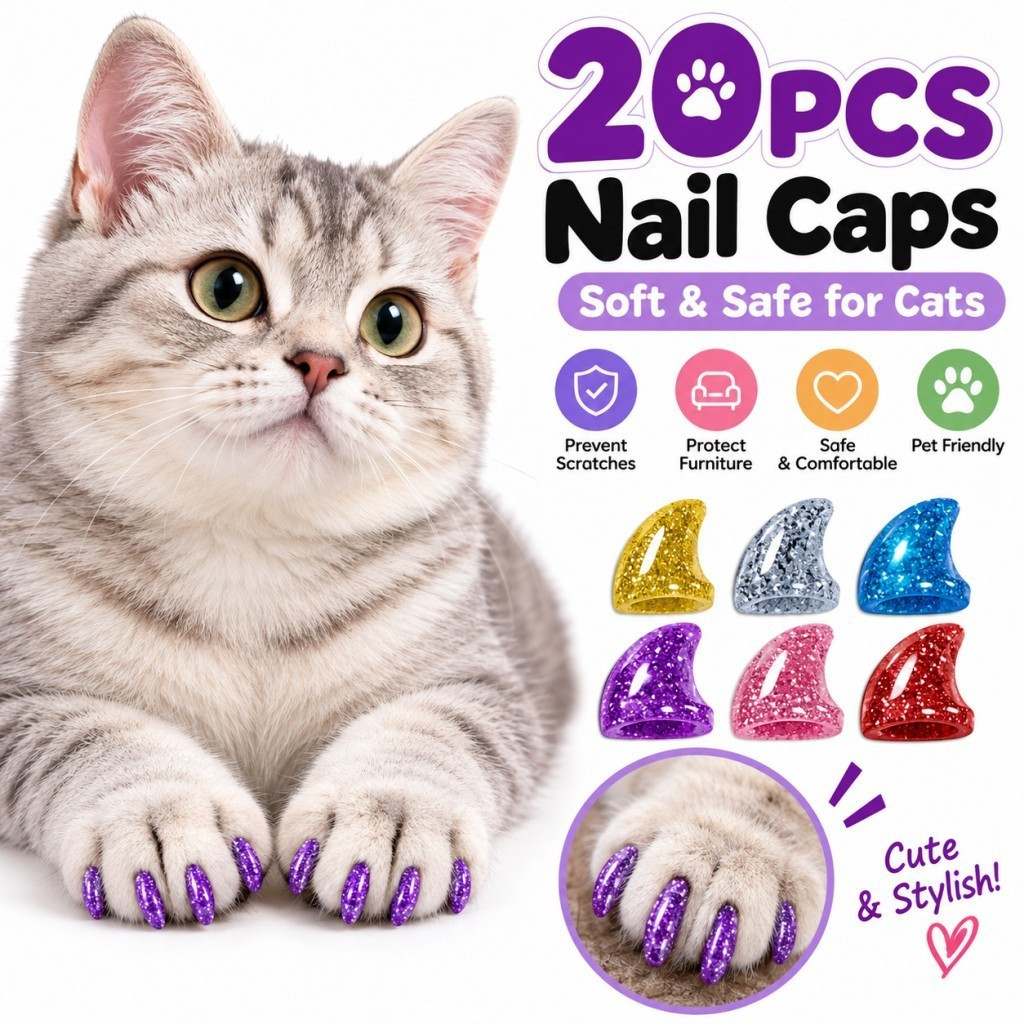 Protetores de Unhas para Gatos, 20 Unidades, Capas de Glitter para Garras, Protetor de Móveis Anti-Riscos para Gatos