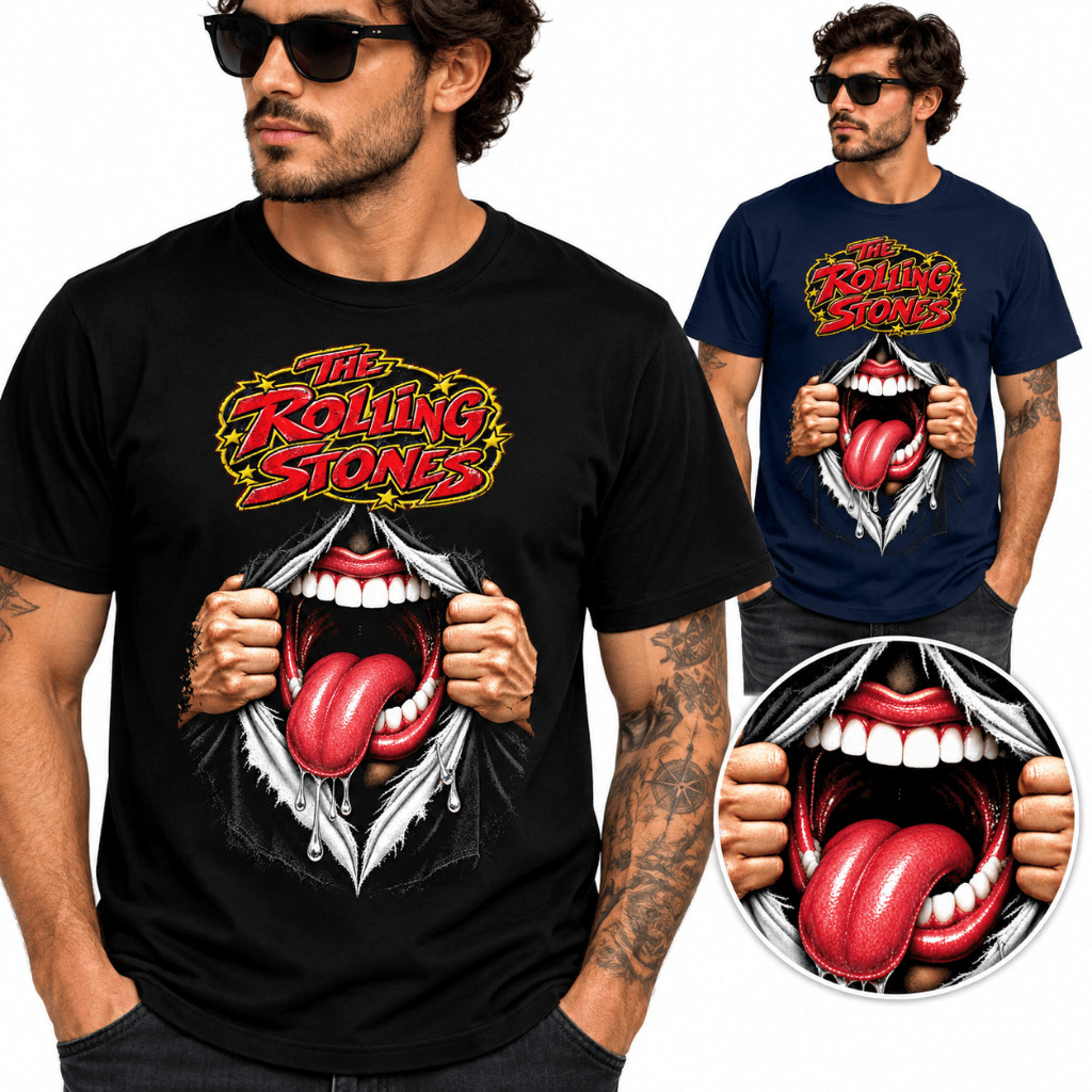 Camiseta The Rolling Stones Masculina Feminina Estampada Rock Banda Manga Curta Preta ou Azul Marinho Adulto e Infantil