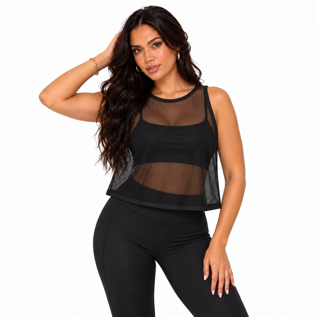 Kit Feminino Regata Tule e Cropped Microfibra Fitness Premium Academia Treino Dia a Dia — imagem 2 de 2