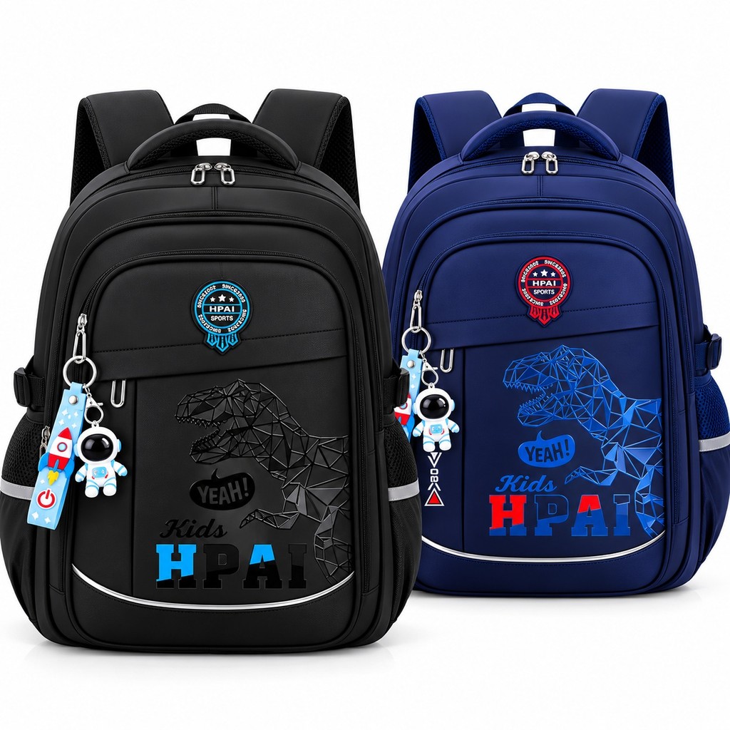 Mochila Escolar Infantil dinossauro Reforçada com Abertura 180°, acolchoada, para meninos, inclui chaveiro de astronauta
