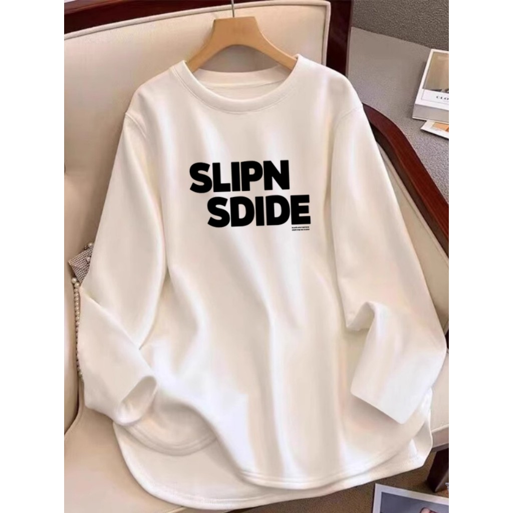 Camiseta de manga comprida de algodão puro topo feminino primavera outono inverno escovado estilo ocidental interior mea