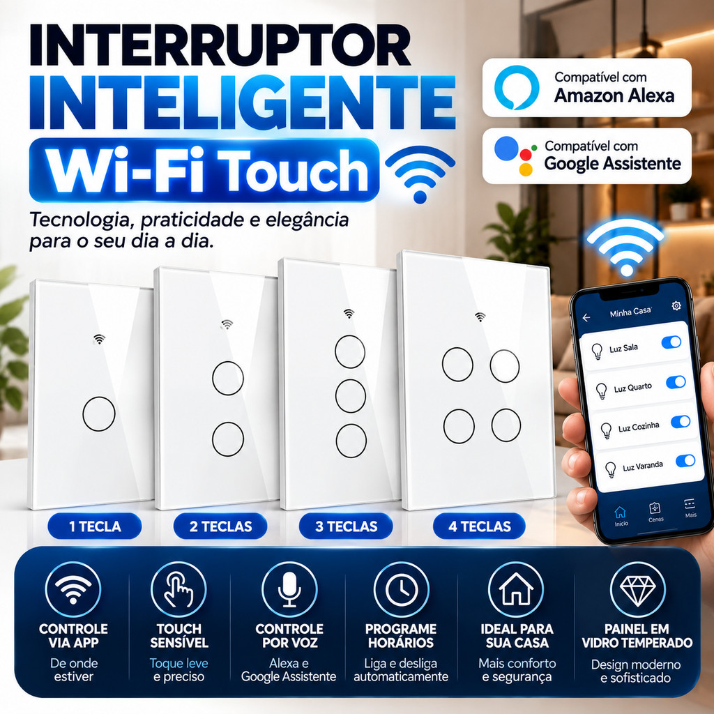 - Interruptor Wi-Fi Inteligente Touch Screen 1 2 3 4 Teclas para Casa Controle por Aplicativo e Comando de Voz