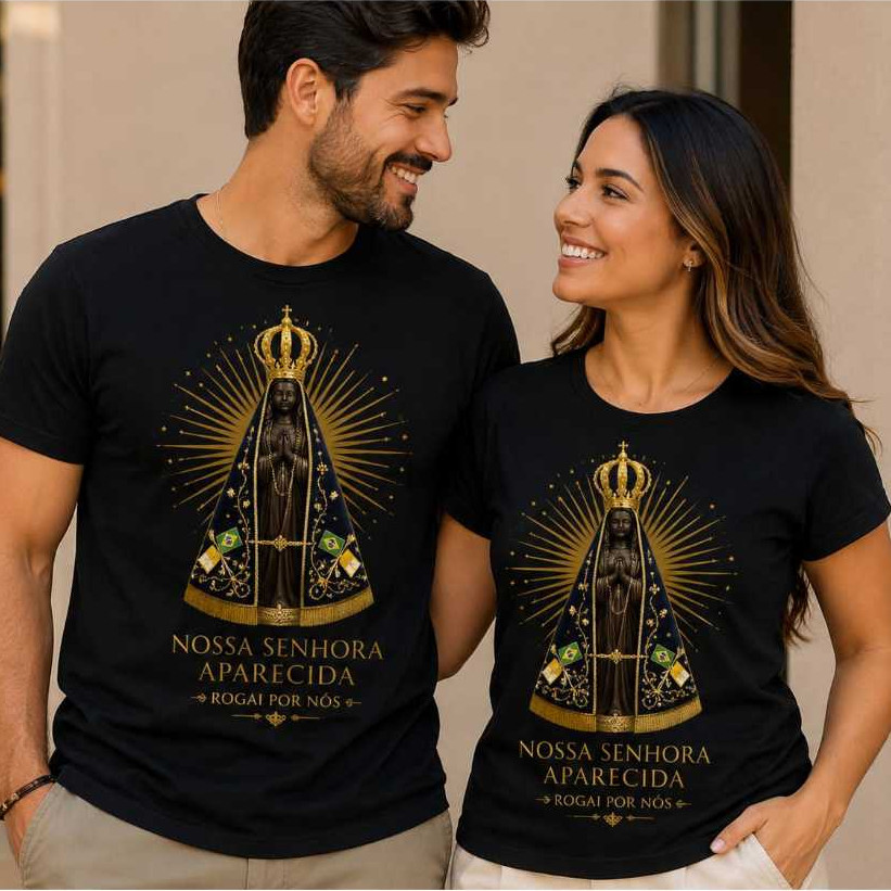 Kit Camiseta Básica Casal Nossa Senhora Aparecida Unissex Confortável Blusa Algodão Lançamento — imagem 2 de 2