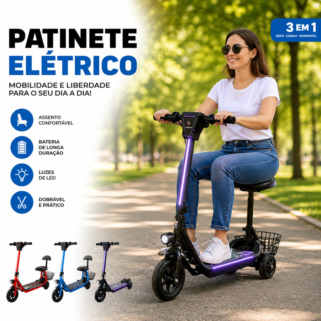 Patinete Elétrico Infantil Resistente 80kg com Banco Bagageiro e Luzes LED
