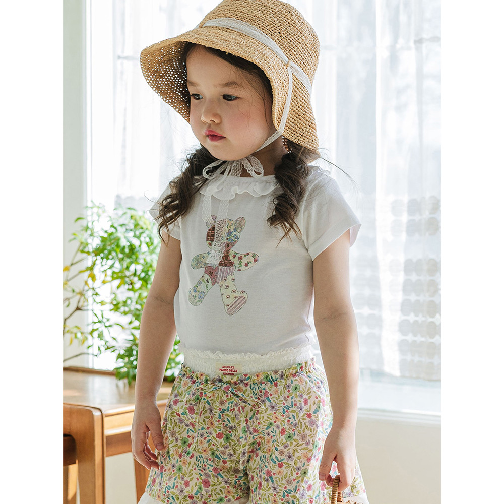 Meninas camiseta verão 2026 coreano crianças meninas babados bonito dos desenhos animados urso em torno do pescoço manga