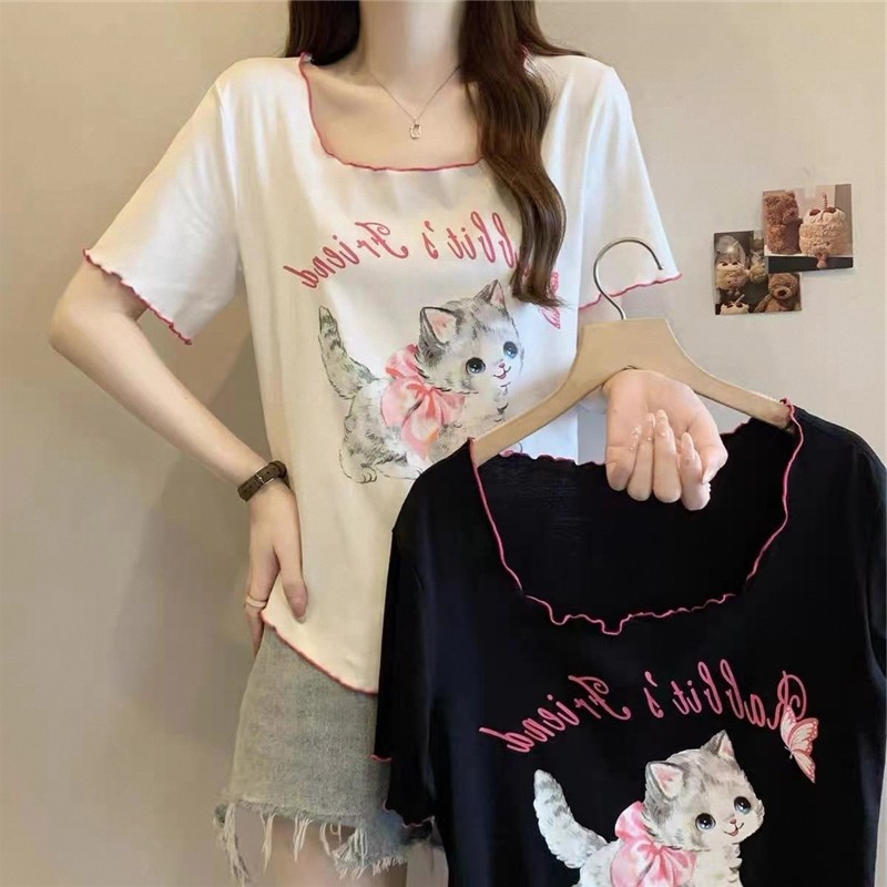 150kg Plus Size roupas femininas fungo borda Design gato impressão de manga curta camiseta feminina verão novo estilo so