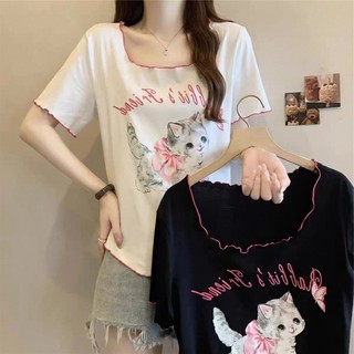 150kg Plus Size roupas femininas fungo borda Design gato impressão de manga curta camiseta feminina verão novo estilo so