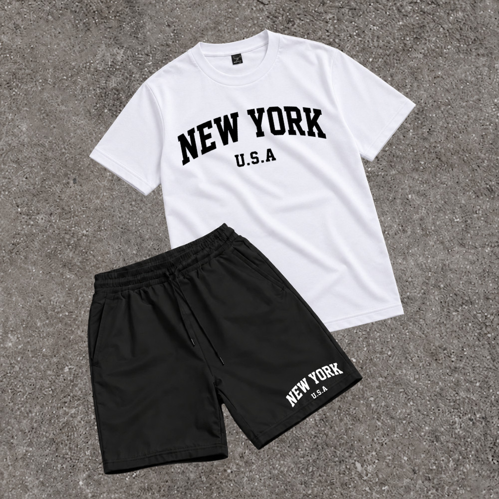 Conjunto Camiseta Oversized e Short Kit Estampado Tactel New York USA College Nova York Streetwear