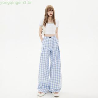 Vfvk versão coreana azul xadrez Yamamoto calças femininas 2026 início do verão novo estilo cintura alta pequena reta sol
