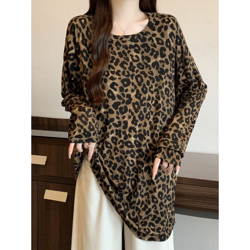 Americano leopardo impressão All-Match manga comprida camiseta de fundo feminino primavera outono novo estilo Plus Size 