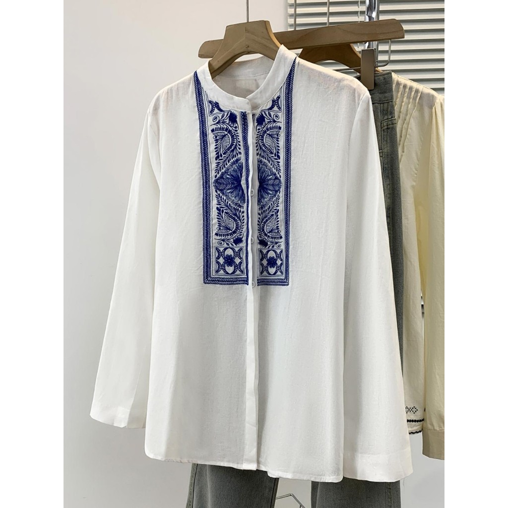 High-End comércio exterior exportação feminina primavera Retro bordado camisa de manga comprida tamanho grande Casual to