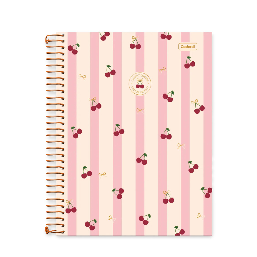 Caderno 10 Matérias Universitário Cherry Lovers 160 Folhas - CADERSIL Capa:Listrado Rosa