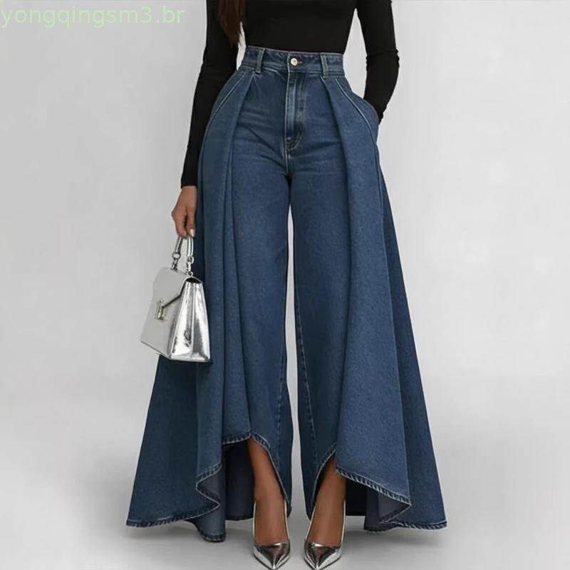 Nova Cor Sólida Casual Falso Denim Impresso Botão Calças De Perna Reta Com Bainha Longa Larga