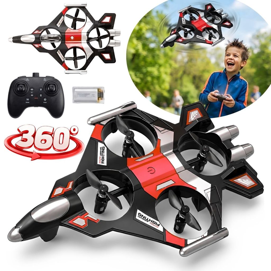 Drone Infantil Formato Avião Caça Vermelho Com Controle Remoto Bateria Recarregável 3,7V Brinquedo Para Crianças