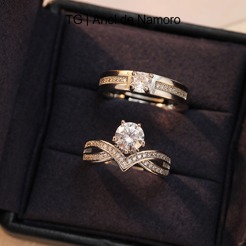 Simulação um quilate anel de diamante casamento casal anel um casal anel cerimônia casamento anel adereços ao vivo ajust