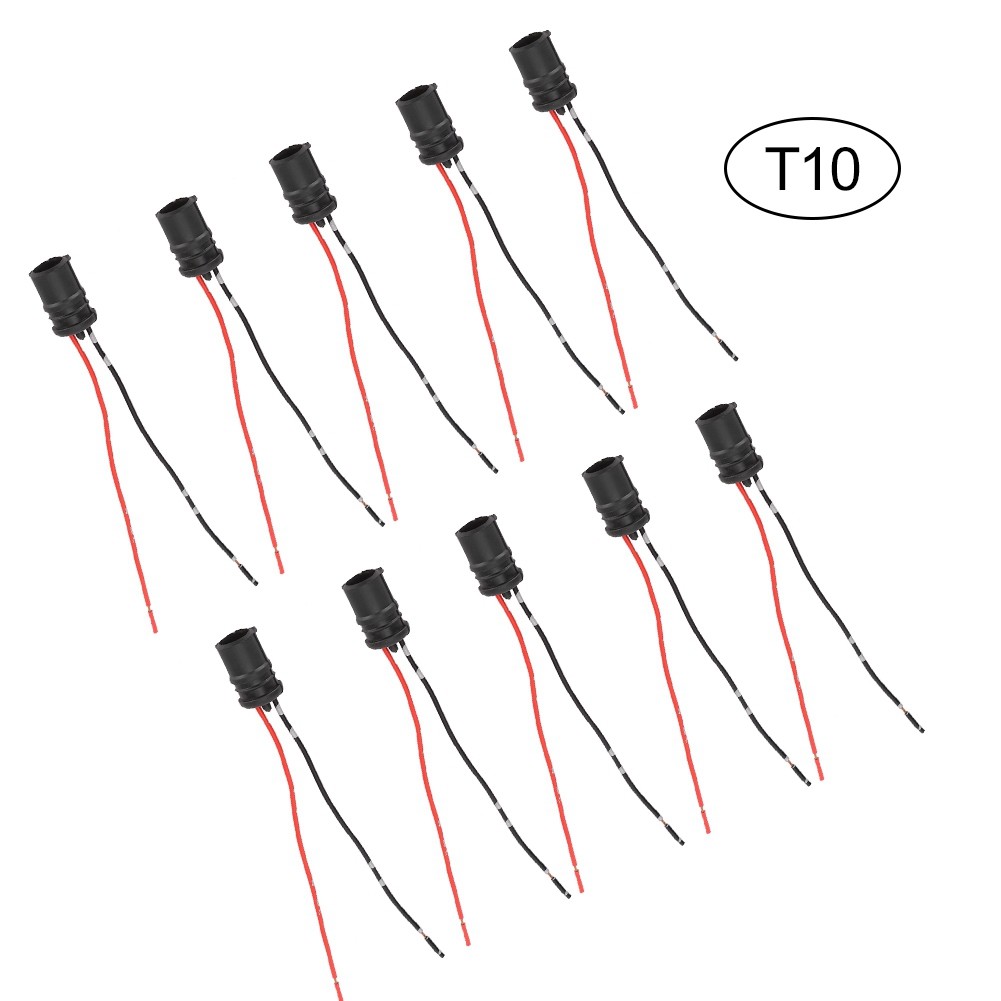 10 Pcs T10 W5W Conector de soquete de lâmpada macho com cabos vermelhos e pretos de borracha macia Carcaça de metal de