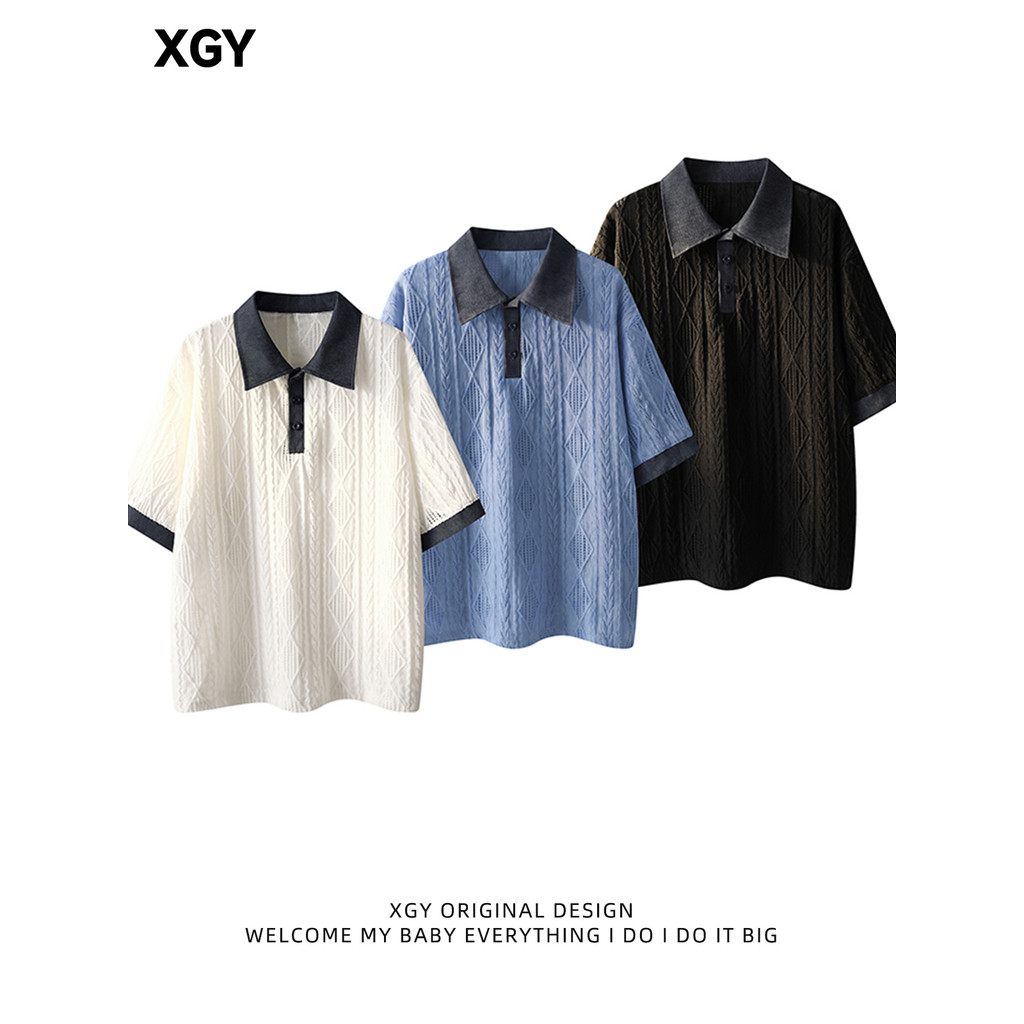 Camisa Polo masculina estilo dinheiro antigo oco contraste cor americana falsa lapela de duas peças de manga curta malha