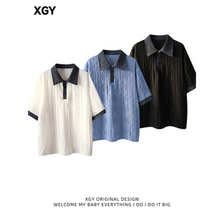 Camisa Polo masculina estilo dinheiro antigo oco contraste cor americana falsa lapela de duas peças de manga curta malha