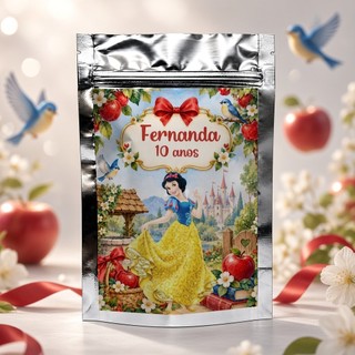 Saquinho Metalizado Personalizo P Branca de Neve / clean  10x15cm Lembrancinha Festa Aniversário Nome e Idade
