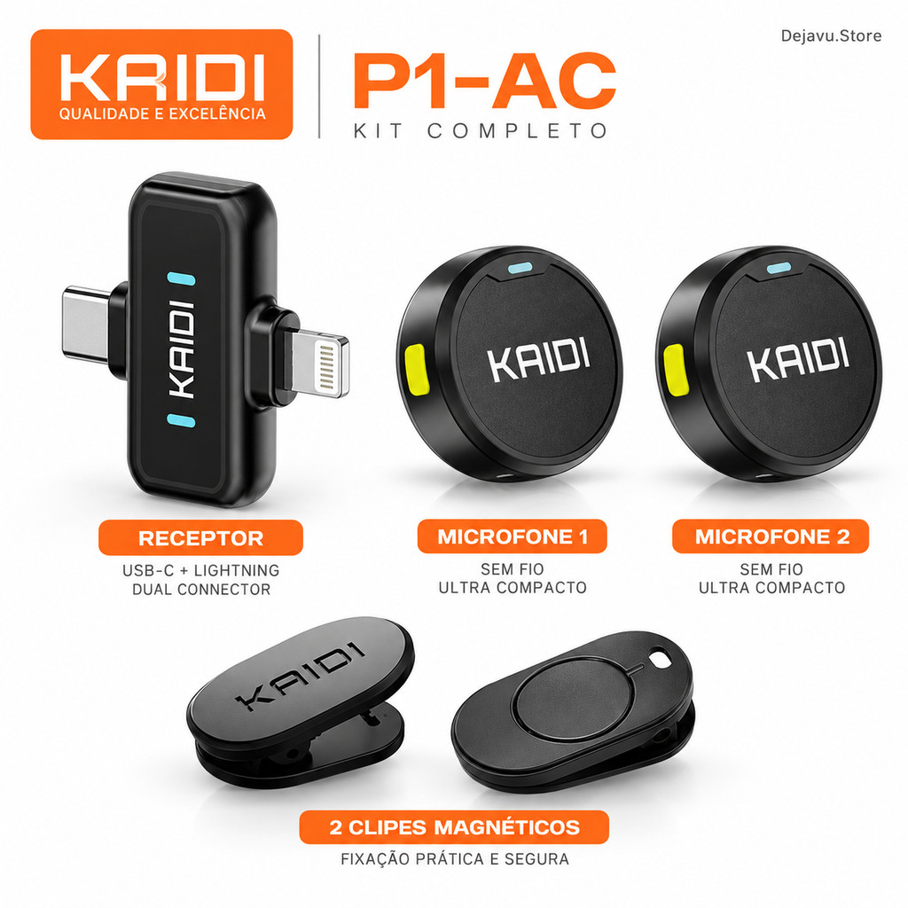 Microfone de Lapela Sem Fio Magnético KAIDI P1-AC 2 em 1 Type-C + Lightning para iPhone