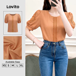 Lovito Elegante Blusa de Tecido de Renda Cor Coral Laranja Primavera/verão para mulheres BLK9P1D797