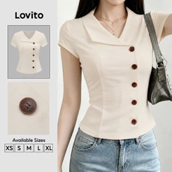 Lovito Elegante Blusa com Botões Frontais e Corte Assimétrico Khaki Claro Primavera/Verão BLK9P1D471