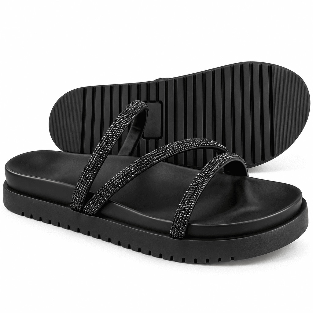 Sandália Feminina Papete Flatform Plataforma com Strass Brilho Tiras Finas Confortável Casual Elegante