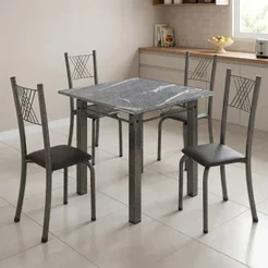 Conjunto de Jantar Mesa 70x70cm 4 Cadeiras Tampo Granito Sara Preto Liso/Mart Prata Yescasa Preto Liso/Mart Prata