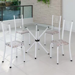 Conjunto de Jantar Mesa Tampo Redondo de Vidro Incolor com 4 Cadeiras Sara Yescasa Branco/Botanic Bege Botanic