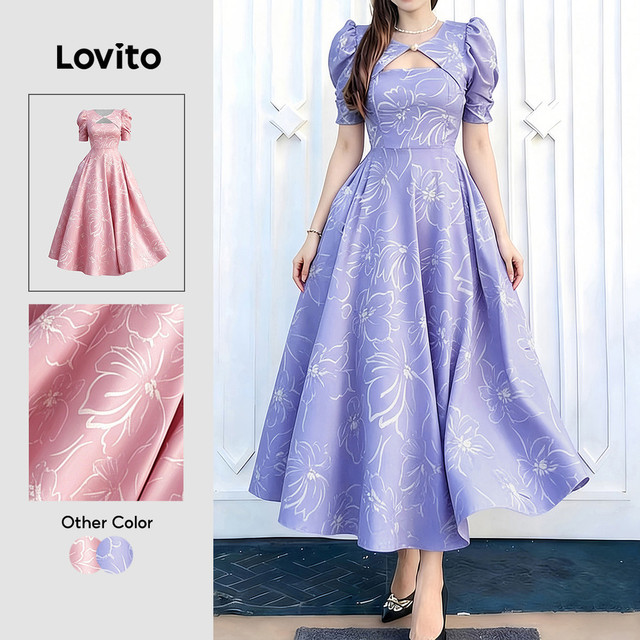 Lovito Padrão de Vestido Casual Plissado Roxo Vestido Feminino Primavera/Verão LK6ED013