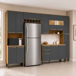 Cozinha Completa 100% Mdf com 5 Peças 13 Portas e 2 Gavetas com Vidro e Tampo Itália Espresso Móveis Amêndoa/Chumbo