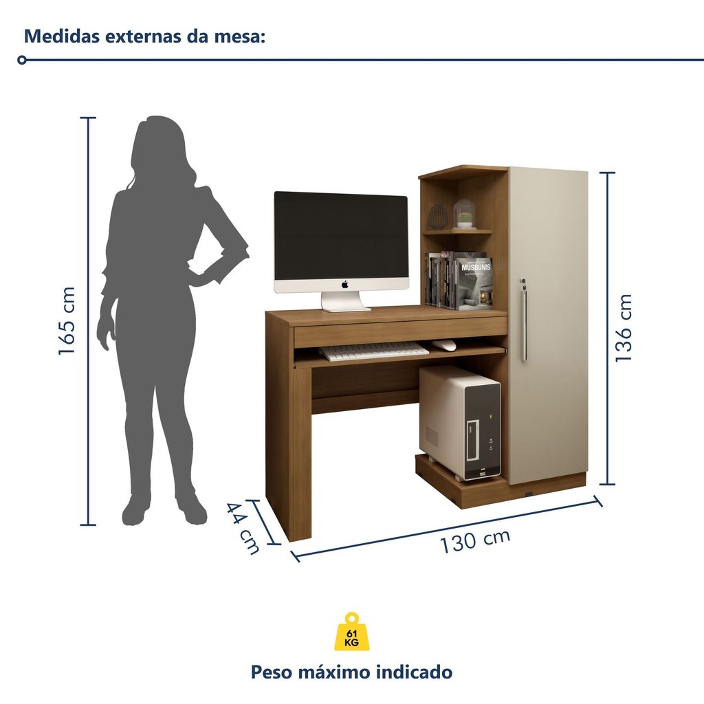 Mesa para Computador Escrivaninha com Armário Office 1 Gaveta 130cm Cinamomo e Off White Bege Cinamomo/Off White · foto 2