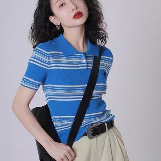 2026 verão de manga curta listrado gola polo malhas estilo fino feminino início do outono estilo Bottoming mais magro ol