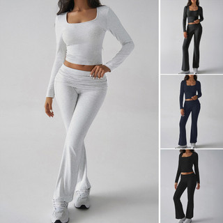 Conjunto de duas peças de calças e blusa de manga comprida de malha casual em cor lisa para outono/inverno, roupa de yog