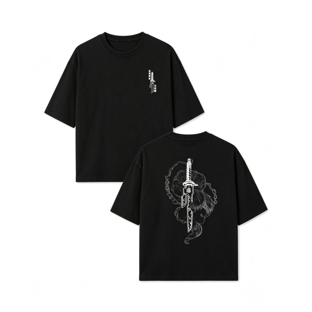 Camiseta Unissex Premium De Algodão, Estilo Streetwear Preta Com Estampa De Espada E Flor, Uso Casual Para Passeios E