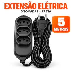 Extensão Elétrica Preta 5 Metros 3 Tomadas Plugue de 2 Pinos