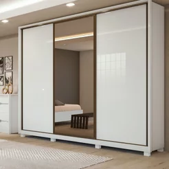 Guarda-Roupa Casal 3 Portas de Correr 6 Gavetas com Espelho e Pés MDF 270cm Spazio Branco Branco