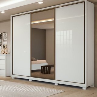 Guarda-Roupa Casal 3 Portas de Correr 6 Gavetas com Espelho e Pés MDF 270cm Spazio Branco Branco