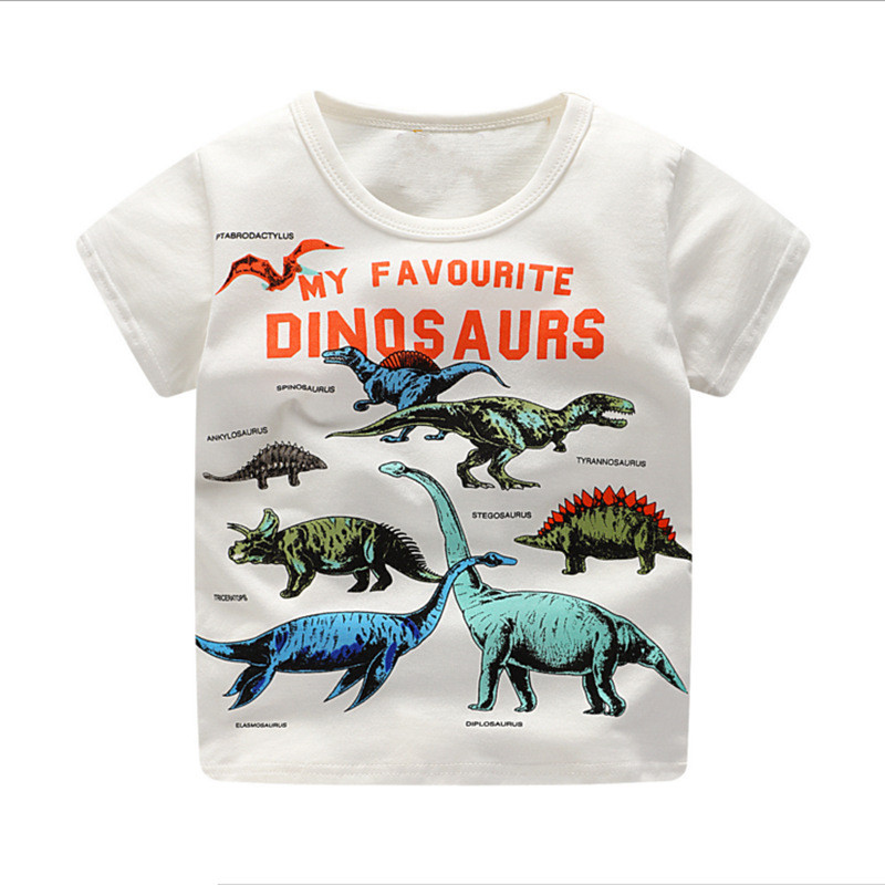 Desenhos animados dinossauro meninos puro algodão em torno do pescoço topo de manga curta camiseta crianças meninas meia