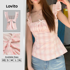 Lovito Férias Blusa Rosa Feminina com Laço Delicado Fresca e Confortável para Primavera/Verão L139AD384